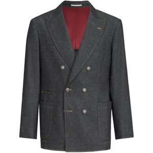 Brunello Cucinelli Grey No-Fade Lightweight Denim One-And-A-Half Breasted Deconstructed Blazer With Patch-Pockets And Metal Buttons for men