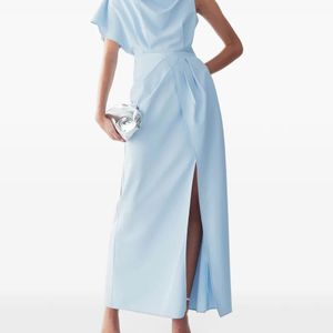 BWLDR Blue Draped Asymmetrical Maxi Dress