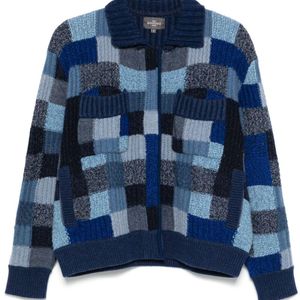 Eric Bompard Blue Patchwork Ribbed Knit Button-Front Cardigan