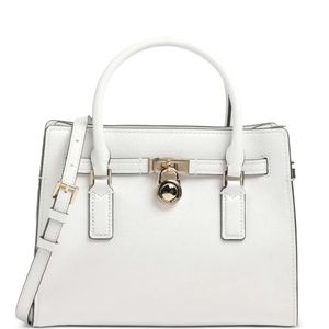 Michael Kors White Hamilton Padlock Leather Satchel Bag