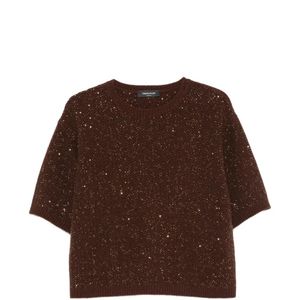 Fabiana Filippi Brown Sequin-Embellished Short-Sleeve Sweater