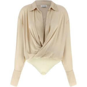 ANDAMANE White Draped Long-Sleeve Bodysuit