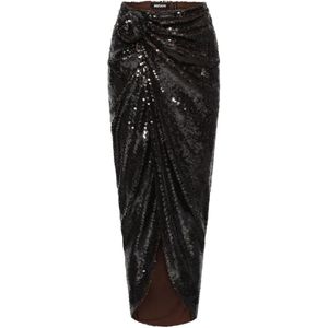 ROTATE BIRGER CHRISTENSEN Black Sequins Draped Front-Knot Midi Skirt