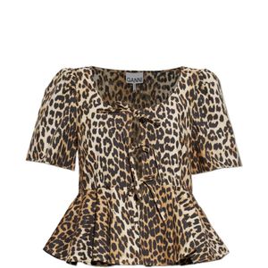 Ganni White Leopard-Print Peplum Blouse
