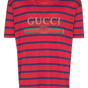 メンズ Gucci レッド ストライプ ロゴ T シャツ