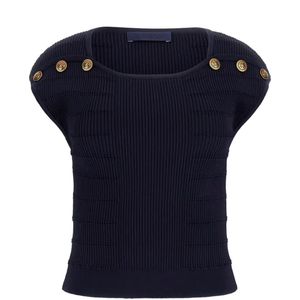 Guess Blue Button-Embellished Ribbed Sweater Top