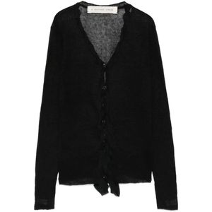 A Tentative Atelier Black Ruffle-Trimmed Sheer-Knit Cardigan