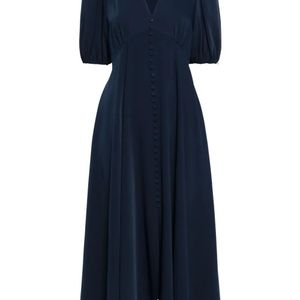 Nissa Blue Decorative-Buttons Flared Midi Dress