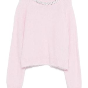 Maje Pink Beaded-Collar Round-Neck Sweater