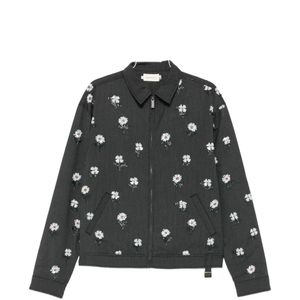 Honor The Gift Black Floral-Embroidered Pinstripe Overshirt for men