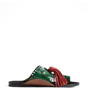 LaDoubleJ Green Solide Foncé En Cuir À Pompons Sandy Slides