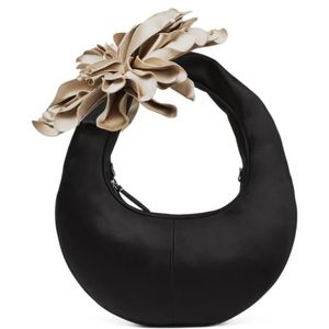 Jimmy Choo Black Flower And Bone Satin Hobo Shoulder Bag With Oversized Flower