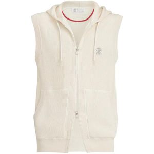 Brunello Cucinelli White Cotton English Rib Knit Hooded Vest With Logo And Zipper for men