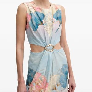 GAUDI Blue Floral-Print Cut-Out Midi Dress