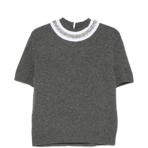 Prada Grey Embellished Short-Sleeve Sweater