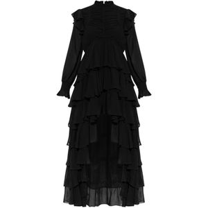 AllSaints Black Leila Ruffled Long-Sleeve Midi Dress