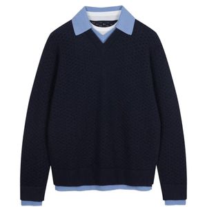 JNBY Blue Pointelle-Knit V-Neck Sweater