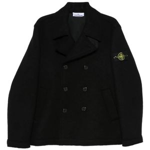Stone Island Black Double-Breasted Wool Peacoat for men
