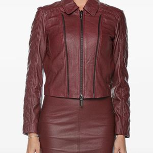 ARMANI EXCHANGE Red Quilted-Sleeve Leather Jacket