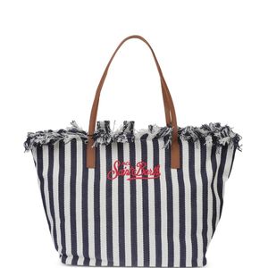Mc2 Saint Barth White City Bag Mid Fringe Striped Shoulder Bag