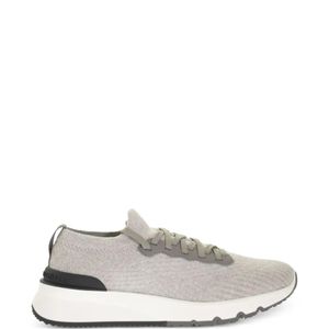 Brunello Cucinelli White Knit Leather-Trim Sneakers for men