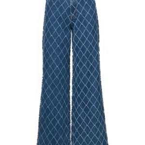 Veronica Beard Blue Diamond-Pattern Wide-Leg Jeans
