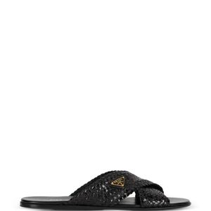 Prada Black Leather Crisscross Slides