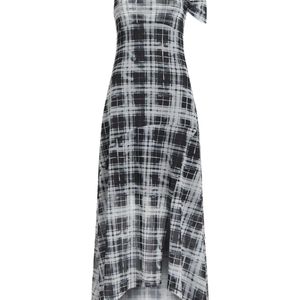 Karl Lagerfeld Grey Checked One-Shoulder Maxi Dress