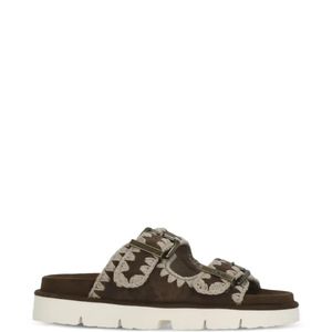 Mou Brown Crochet-Trim Buckle-Strap Sandals