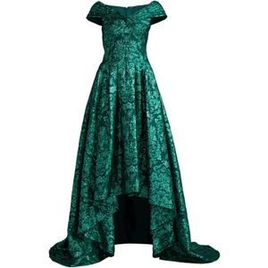 Tadashi Shoji Green Leontine Damask-Pattern Asymmetric Gown