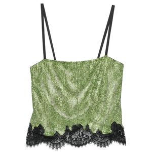 Self-Portrait Green Rhinestone-Embellished Lace-Trim Top