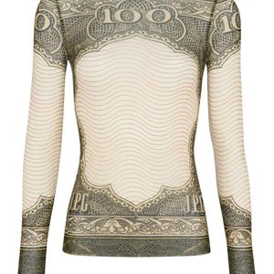 Jean Paul Gaultier Green Long-Sleeved Sheer Top With Vintage Currency Print