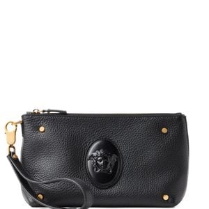 Versace Black Medusa-Plaque Grained-Leather Clutch Bag for men