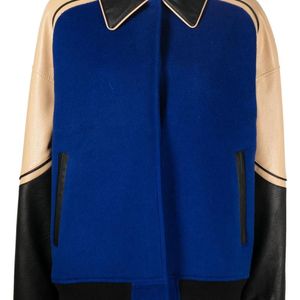 Goen.J Blue Faux-Leather Trim Wool Jacket
