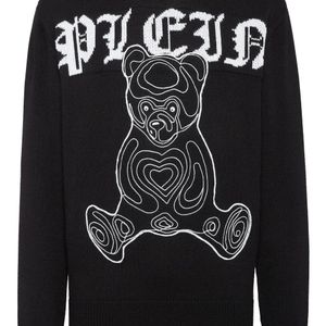 Philipp Plein Black Teddy Bear-Print Wool Jumper for men