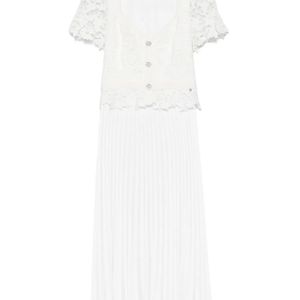 Nissa White Pleated Lace Midi Dress