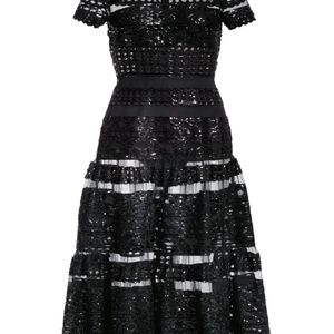 Elie Saab Black Tulle Embroidered Midi Dress
