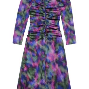 Ganni Blue Graphic-Print Gathered Dress
