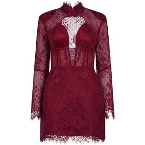 ARAFTU Red Lace Long-Sleeve Dress