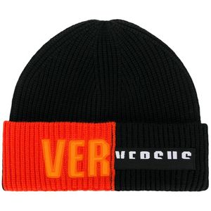 Versus  Black Logo Patch Beanie Hat for men