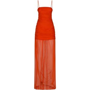 Raquel Diniz Red Ruched Sheer-Panel Dress