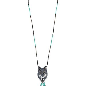 Jessie Western Blue Beaded Wolf Face Necklace