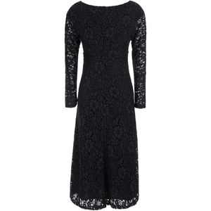 Plain Black Robe Mi-Longue En Dentelle À Manches Longues