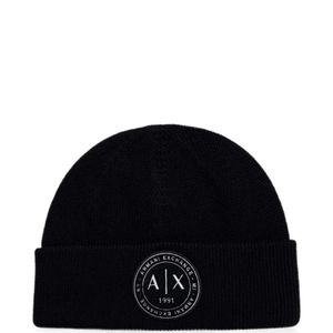 ARMANI EXCHANGE Black Logo-Patch Ribbed-Knit Beanie Hat for men