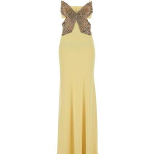 Costarellos Metallic Pastel Yellow Crepe Azmira Long Dress