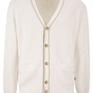 Boss White Ribbed Cotton Cardigan With Contrast Buttons