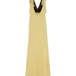 Costarellos Metallic Pastel Yellow Crepe Janessa Long Dress