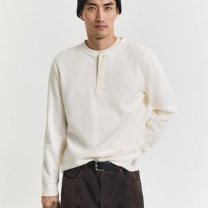 Gant White Waffle Textured Long Sleeve Henley T-Shirt Cream for men