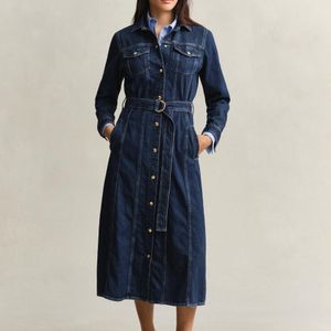 Gant Blue Belted Denim Midi Dress Dark Worn In
