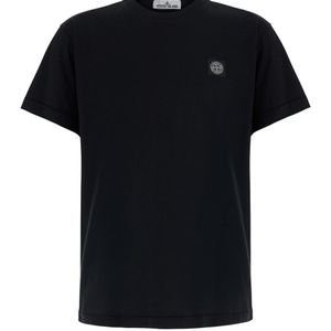 Stone Island Black Crew Neck T-Shirt With Logo Patch On The Front for men